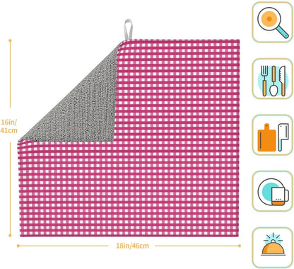 Pink Gingham Print Microfiber Dish Drying Mat for Kitchen Counter 16x18 in Super Absorbent Drying Pad for Countertops, Sinks, Draining Racks with Hanging