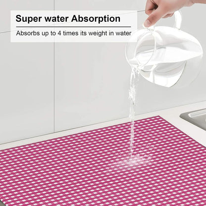Pink Gingham Print Microfiber Dish Drying Mat for Kitchen Counter 16x18 in Super Absorbent Drying Pad for Countertops, Sinks, Draining Racks with Hanging