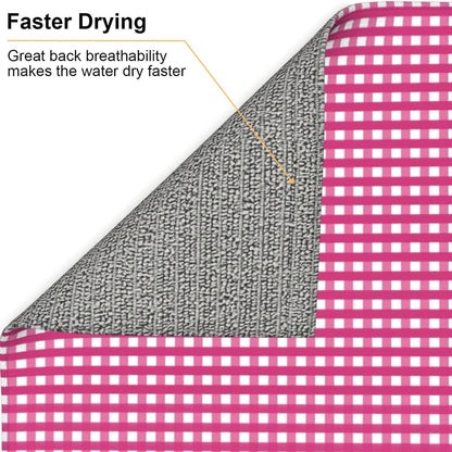 Pink Gingham Print Microfiber Dish Drying Mat for Kitchen Counter 16x18 in Super Absorbent Drying Pad for Countertops, Sinks, Draining Racks with Hanging