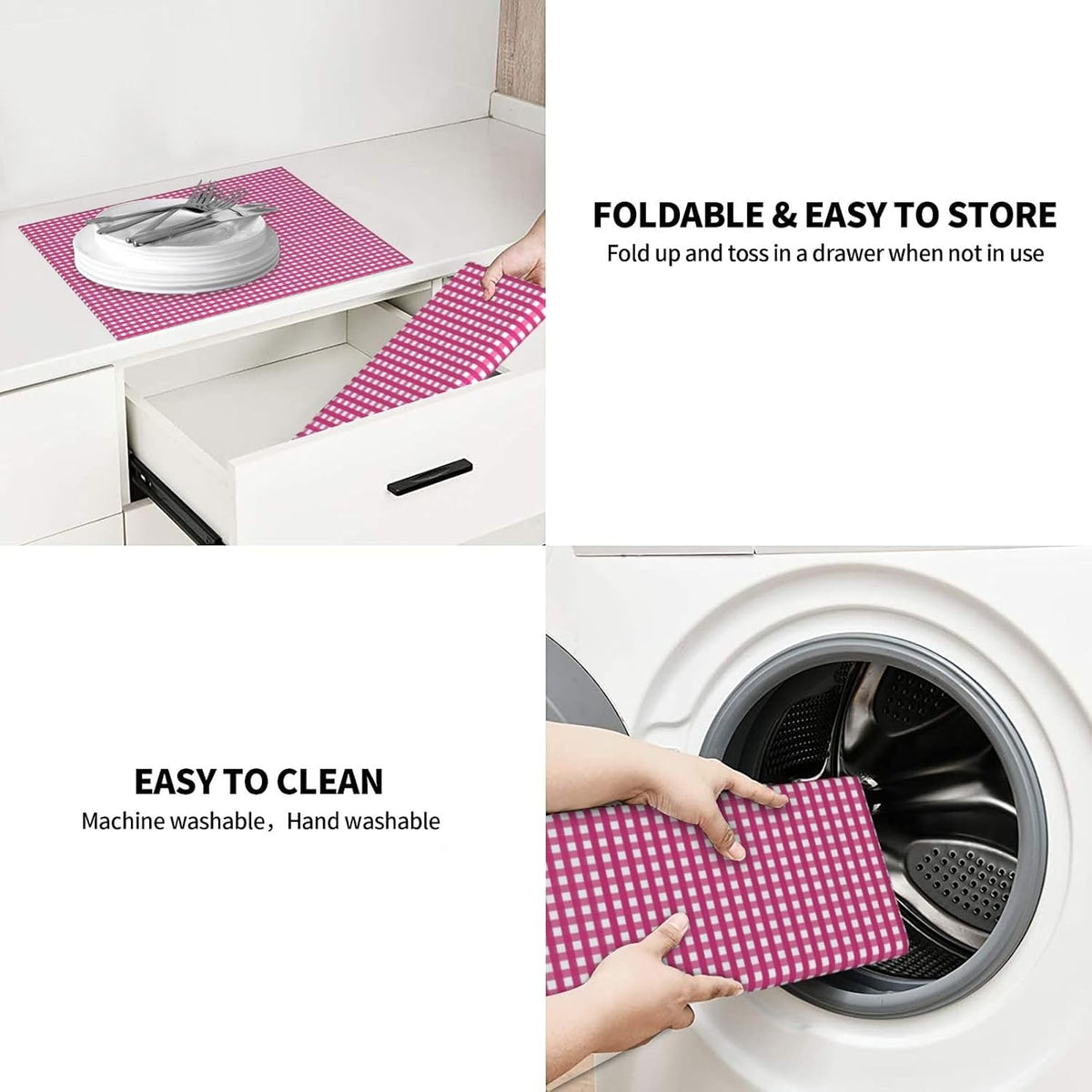 Pink Gingham Print Microfiber Dish Drying Mat for Kitchen Counter 16x18 in Super Absorbent Drying Pad for Countertops, Sinks, Draining Racks with Hanging
