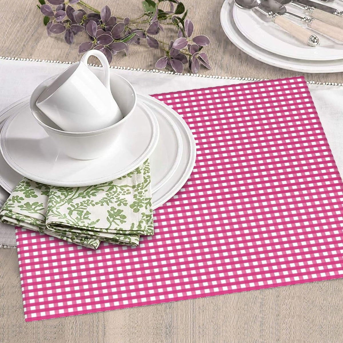 Pink Gingham Print Microfiber Dish Drying Mat for Kitchen Counter 16x18 in Super Absorbent Drying Pad for Countertops, Sinks, Draining Racks with Hanging