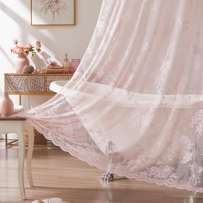 SEEKRIGHT Pink Lace Shower Curtain with Attached Valance Romantic Floral Shower Curtain Cute Scalloped Edge Lace Shabby Chic Bath Curtains for Spa Hotel Bathroom Farmhouse Decor, 1 Panel, 72x72