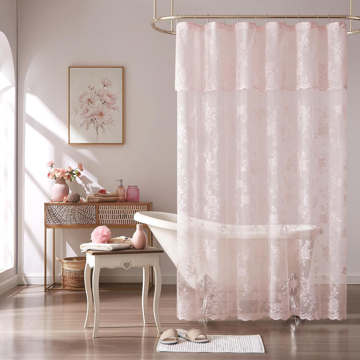SEEKRIGHT Pink Lace Shower Curtain with Attached Valance Romantic Floral Shower Curtain Cute Scalloped Edge Lace Shabby Chic Bath Curtains for Spa Hotel Bathroom Farmhouse Decor, 1 Panel, 72x72