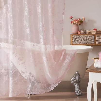 SEEKRIGHT Pink Lace Shower Curtain with Attached Valance Romantic Floral Shower Curtain Cute Scalloped Edge Lace Shabby Chic Bath Curtains for Spa Hotel Bathroom Farmhouse Decor, 1 Panel, 72x72