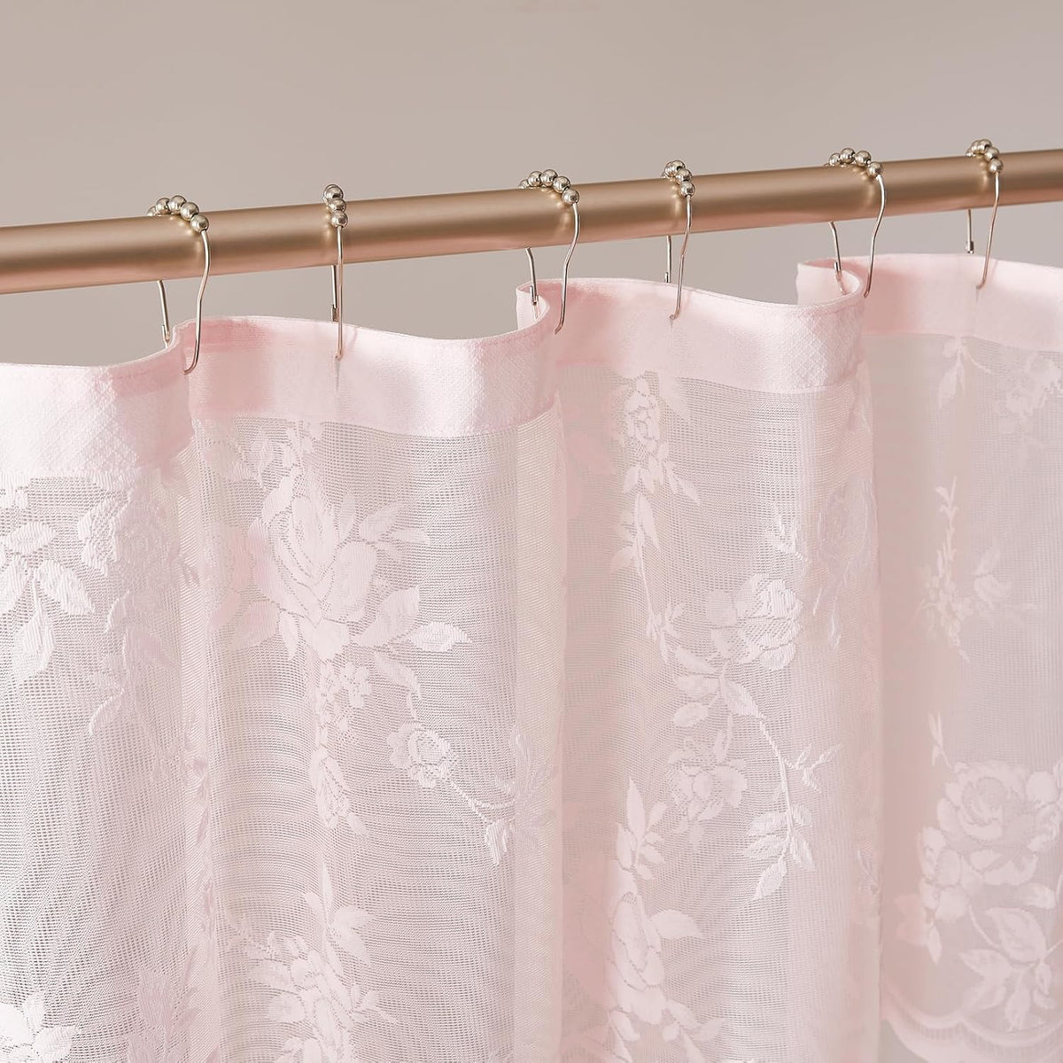 SEEKRIGHT Pink Lace Shower Curtain with Attached Valance Romantic Floral Shower Curtain Cute Scalloped Edge Lace Shabby Chic Bath Curtains for Spa Hotel Bathroom Farmhouse Decor, 1 Panel, 72x72