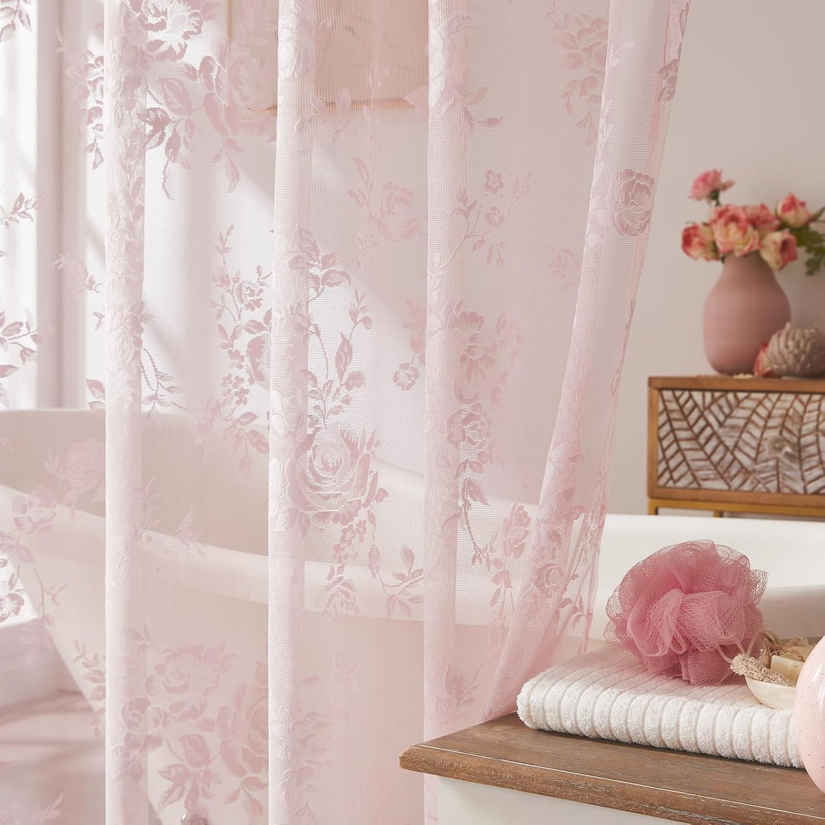 SEEKRIGHT Pink Lace Shower Curtain with Attached Valance Romantic Floral Shower Curtain Cute Scalloped Edge Lace Shabby Chic Bath Curtains for Spa Hotel Bathroom Farmhouse Decor, 1 Panel, 72x72