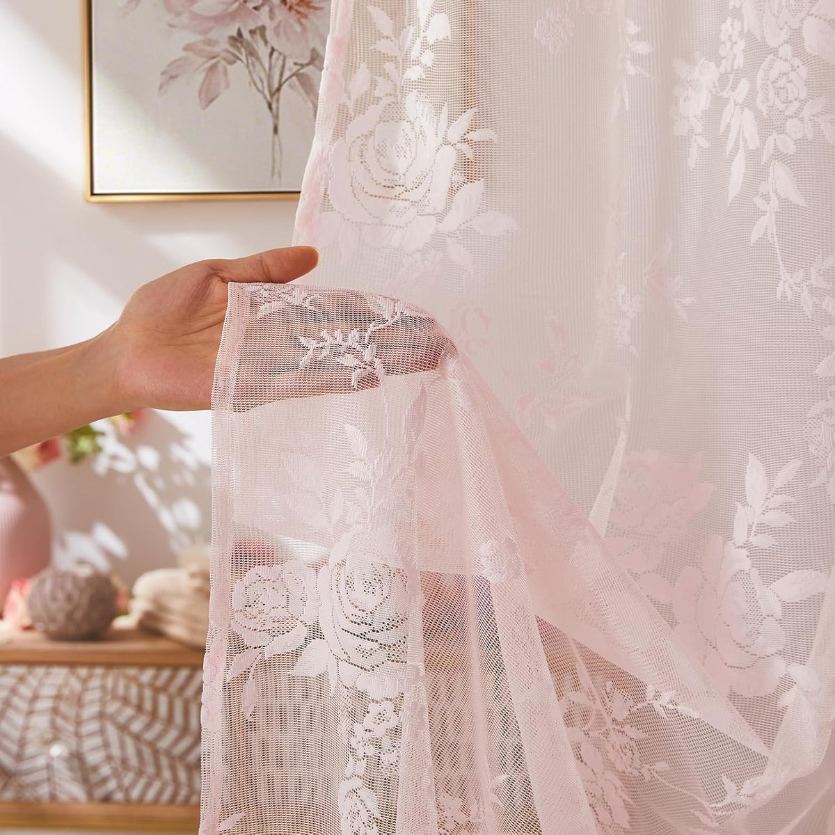 SEEKRIGHT Pink Lace Shower Curtain with Attached Valance Romantic Floral Shower Curtain Cute Scalloped Edge Lace Shabby Chic Bath Curtains for Spa Hotel Bathroom Farmhouse Decor, 1 Panel, 72x72