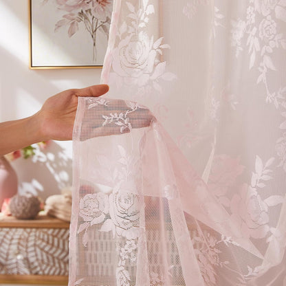 SEEKRIGHT Pink Lace Shower Curtain with Attached Valance Romantic Floral Shower Curtain Cute Scalloped Edge Lace Shabby Chic Bath Curtains for Spa Hotel Bathroom Farmhouse Decor, 1 Panel, 72x72