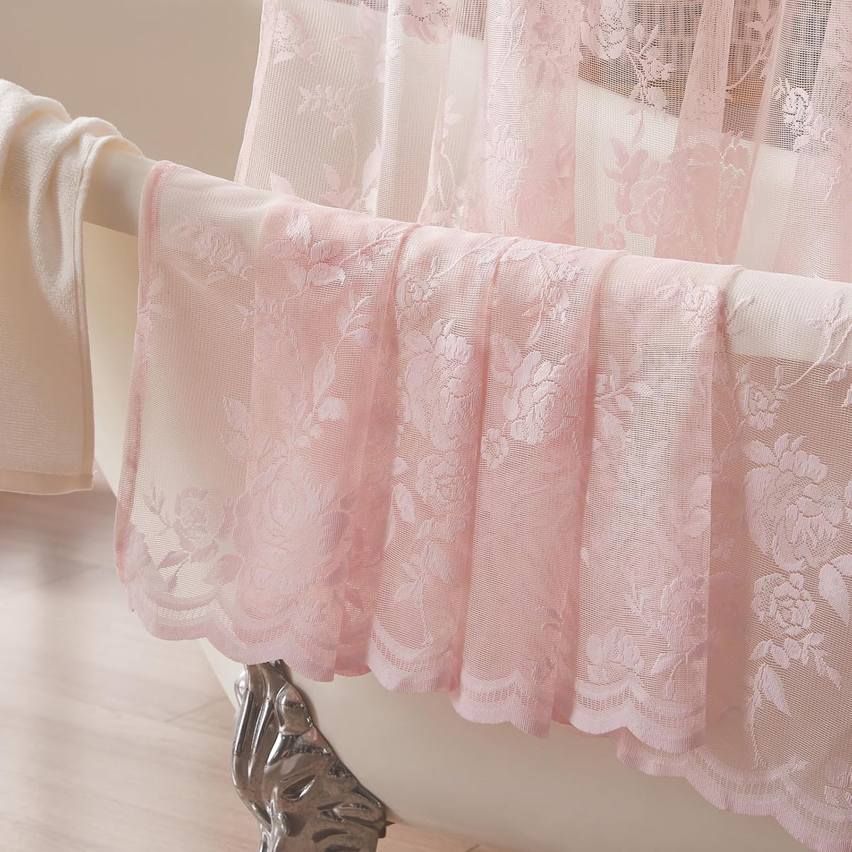 SEEKRIGHT Pink Lace Shower Curtain with Attached Valance Romantic Floral Shower Curtain Cute Scalloped Edge Lace Shabby Chic Bath Curtains for Spa Hotel Bathroom Farmhouse Decor, 1 Panel, 72x72