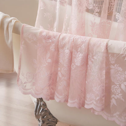 SEEKRIGHT Pink Lace Shower Curtain with Attached Valance Romantic Floral Shower Curtain Cute Scalloped Edge Lace Shabby Chic Bath Curtains for Spa Hotel Bathroom Farmhouse Decor, 1 Panel, 72x72