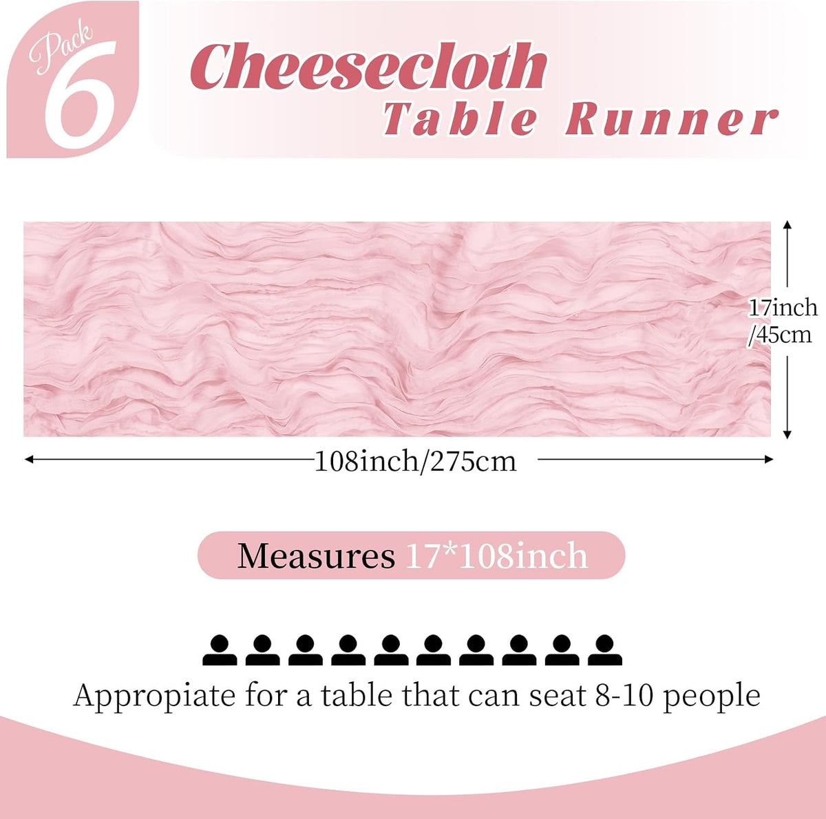 6 Pack Light Pink Cheesecloth Table Runner, 17 x 108 Inch, Gauze Cheese Cloth Table Runner Rustic Sheer Runner for Wedding Birthday Party Baby Shower Table Decor(Light Pink)