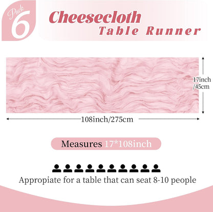 6 Pack Light Pink Cheesecloth Table Runner, 17 x 108 Inch, Gauze Cheese Cloth Table Runner Rustic Sheer Runner for Wedding Birthday Party Baby Shower Table Decor(Light Pink)
