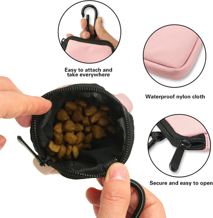 Dog Treat Pouch Pocket Sized Pet Puppy Training Pouch for Dog Training Behavior Aids, Waterproof Nylon Fabric Dog Poop Bag Holder, Hands Free Dog Walking Bag with Metal Carabiner (Pink)