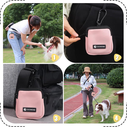 Dog Treat Pouch Pocket Sized Pet Puppy Training Pouch for Dog Training Behavior Aids, Waterproof Nylon Fabric Dog Poop Bag Holder, Hands Free Dog Walking Bag with Metal Carabiner (Pink)