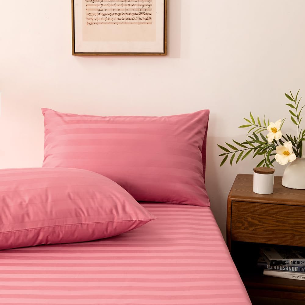 Full Cotton Stripe Fitted Sheet & Pillowcase Set,Pink,3 Piece