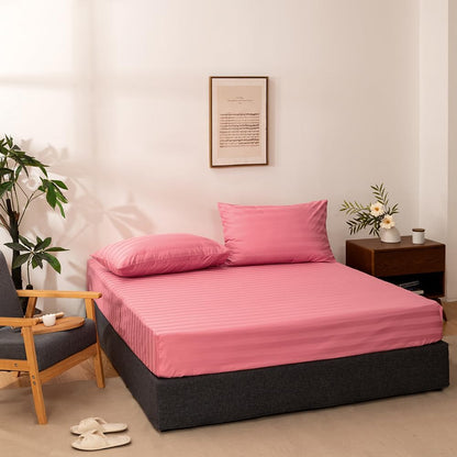 Full Cotton Stripe Fitted Sheet & Pillowcase Set,Pink,3 Piece