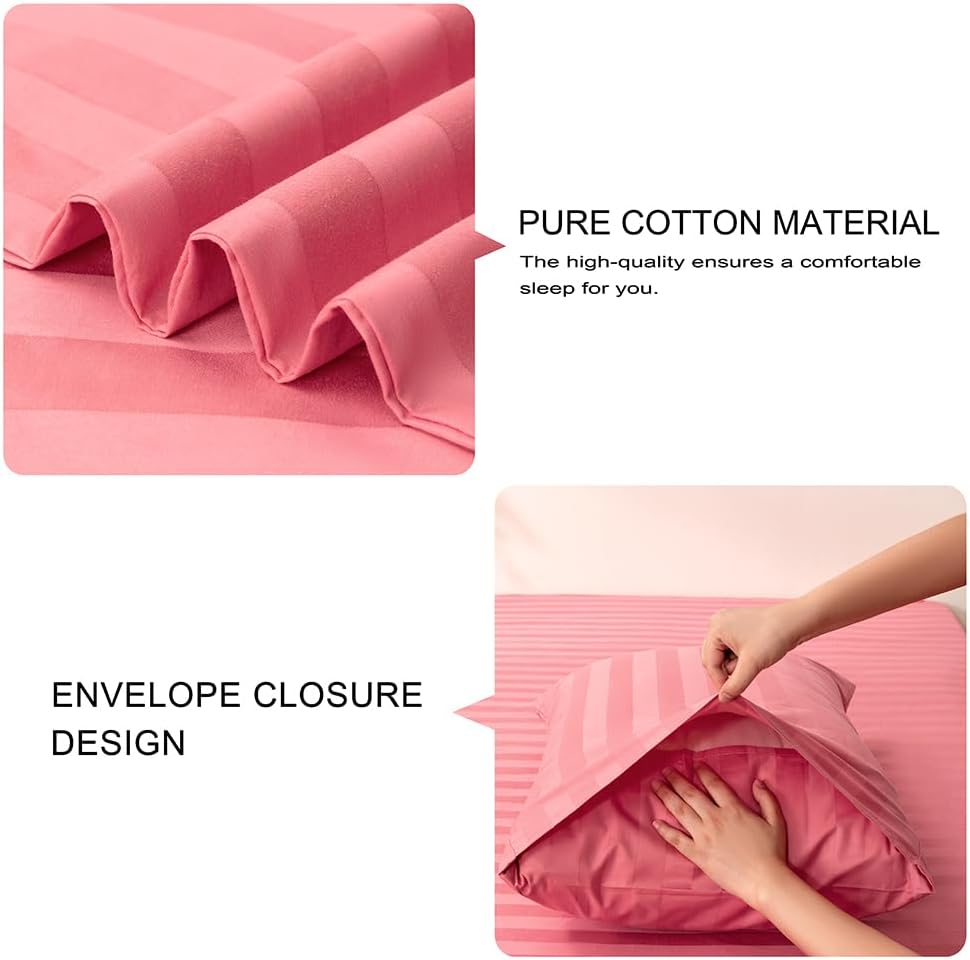 Full Cotton Stripe Fitted Sheet & Pillowcase Set,Pink,3 Piece