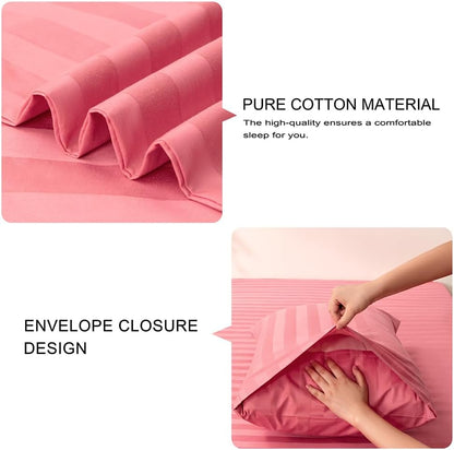 Full Cotton Stripe Fitted Sheet & Pillowcase Set,Pink,3 Piece