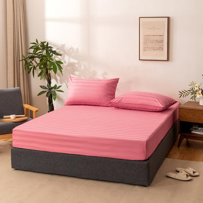 Full Cotton Stripe Fitted Sheet & Pillowcase Set,Pink,3 Piece