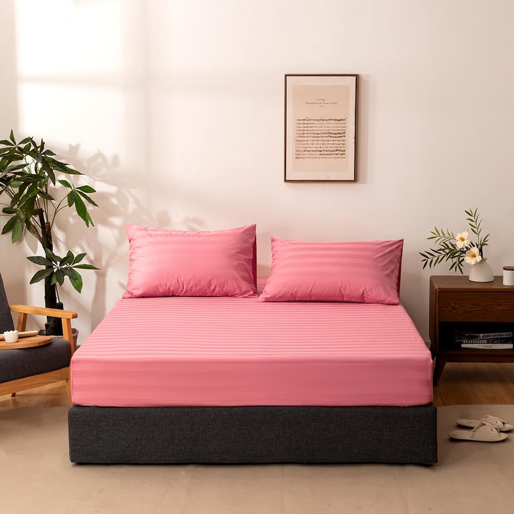 Full Cotton Stripe Fitted Sheet & Pillowcase Set,Pink,3 Piece