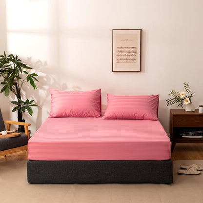 Full Cotton Stripe Fitted Sheet & Pillowcase Set,Pink,3 Piece