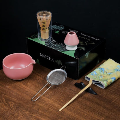 Pink Japanese Matcha Tea Set of 7 Ceremony Matcha Kit with Matcha Bowl(Chawan) with Pouring Spout, Matcha Whisk (Chasen), Scoop (Chashaku), Ceramic Whisk Holder, Scoop Stand，Sifter,Tea Napkin