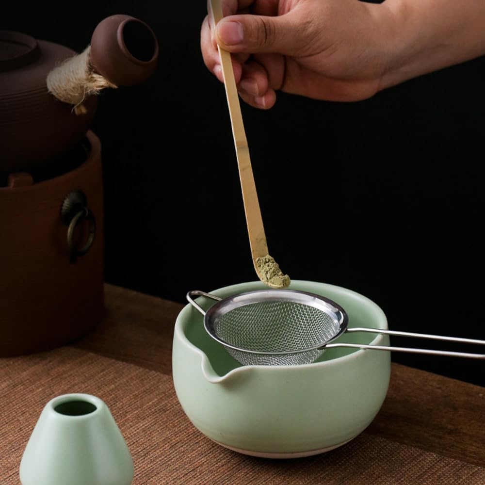Pink Japanese Matcha Tea Set of 7 Ceremony Matcha Kit with Matcha Bowl(Chawan) with Pouring Spout, Matcha Whisk (Chasen), Scoop (Chashaku), Ceramic Whisk Holder, Scoop Stand，Sifter,Tea Napkin