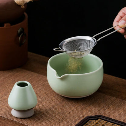 Pink Japanese Matcha Tea Set of 7 Ceremony Matcha Kit with Matcha Bowl(Chawan) with Pouring Spout, Matcha Whisk (Chasen), Scoop (Chashaku), Ceramic Whisk Holder, Scoop Stand，Sifter,Tea Napkin