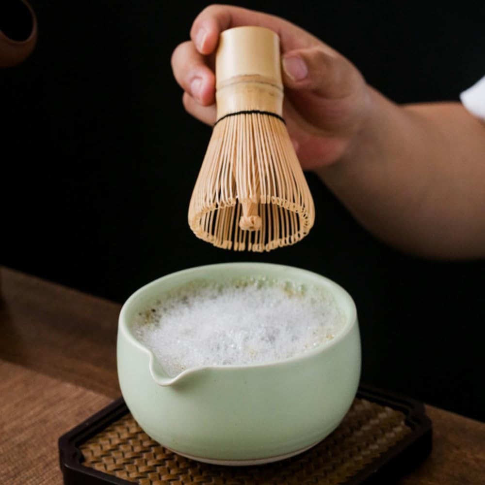 Pink Japanese Matcha Tea Set of 7 Ceremony Matcha Kit with Matcha Bowl(Chawan) with Pouring Spout, Matcha Whisk (Chasen), Scoop (Chashaku), Ceramic Whisk Holder, Scoop Stand，Sifter,Tea Napkin