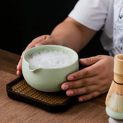 Pink Japanese Matcha Tea Set of 7 Ceremony Matcha Kit with Matcha Bowl(Chawan) with Pouring Spout, Matcha Whisk (Chasen), Scoop (Chashaku), Ceramic Whisk Holder, Scoop Stand，Sifter,Tea Napkin