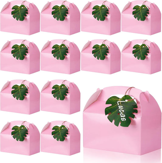 Honoson 24 Pack Pink Gable Gift Boxes with Palm Leaves, Pink Safari Jungle Bag Tropical Hawaii Theme Party Favor Boxes for Flamingo Birthday, Baby Shower, Wedding & Bridesmaid Party