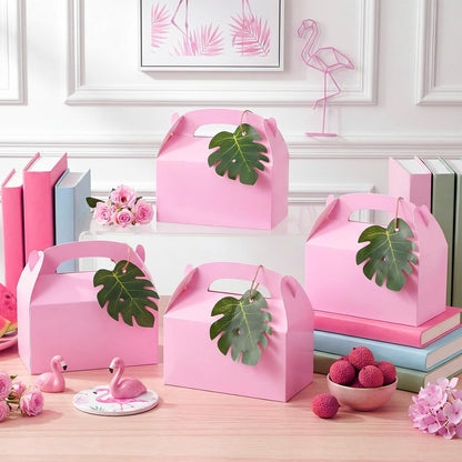 Honoson 24 Pack Pink Gable Gift Boxes with Palm Leaves, Pink Safari Jungle Bag Tropical Hawaii Theme Party Favor Boxes for Flamingo Birthday, Baby Shower, Wedding & Bridesmaid Party