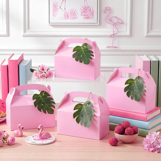 Honoson 24 Pack Pink Gable Gift Boxes with Palm Leaves, Pink Safari Jungle Bag Tropical Hawaii Theme Party Favor Boxes for Flamingo Birthday, Baby Shower, Wedding & Bridesmaid Party