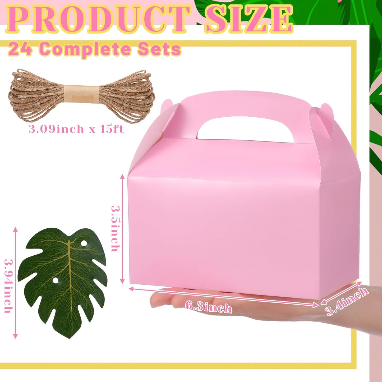 Honoson 24 Pack Pink Gable Gift Boxes with Palm Leaves, Pink Safari Jungle Bag Tropical Hawaii Theme Party Favor Boxes for Flamingo Birthday, Baby Shower, Wedding & Bridesmaid Party