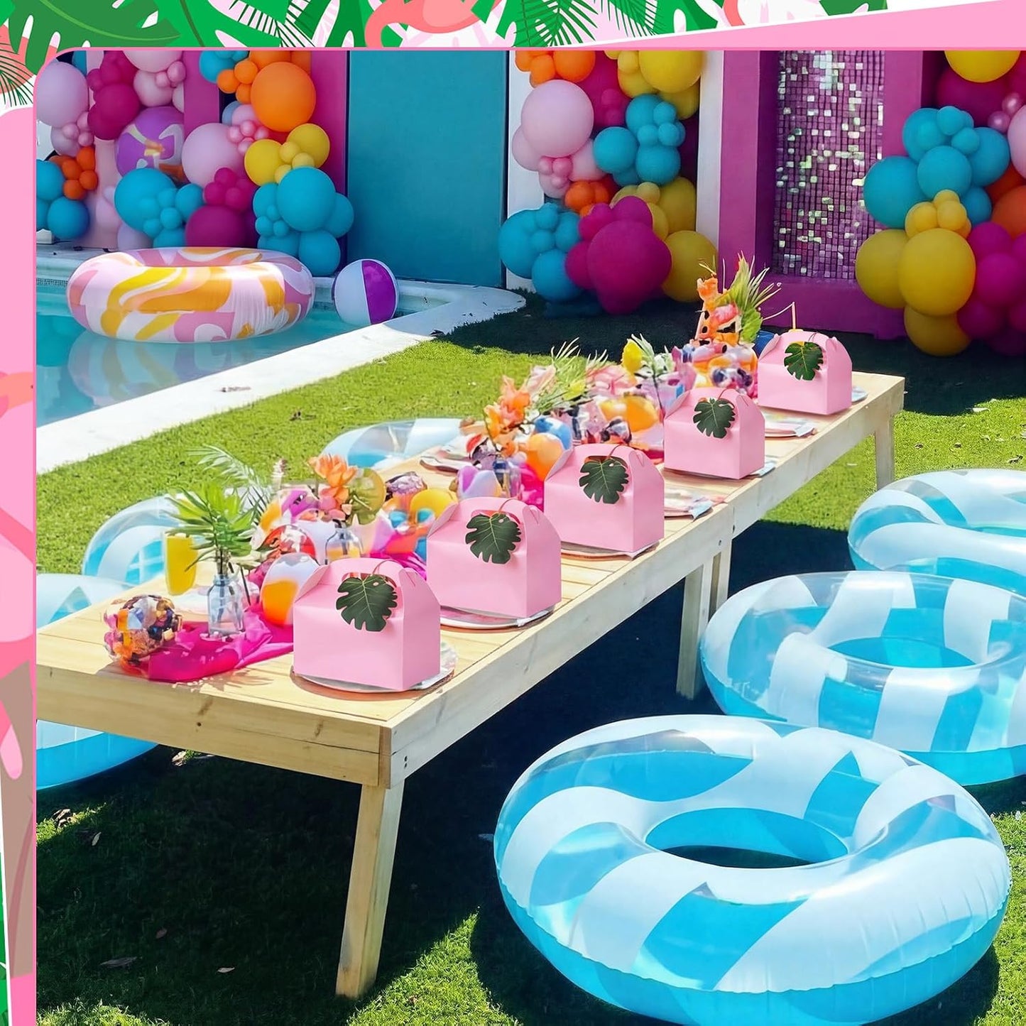 Honoson 24 Pack Pink Gable Gift Boxes with Palm Leaves, Pink Safari Jungle Bag Tropical Hawaii Theme Party Favor Boxes for Flamingo Birthday, Baby Shower, Wedding & Bridesmaid Party