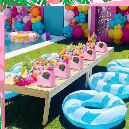 Honoson 24 Pack Pink Gable Gift Boxes with Palm Leaves, Pink Safari Jungle Bag Tropical Hawaii Theme Party Favor Boxes for Flamingo Birthday, Baby Shower, Wedding & Bridesmaid Party