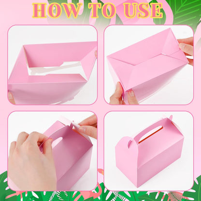Honoson 24 Pack Pink Gable Gift Boxes with Palm Leaves, Pink Safari Jungle Bag Tropical Hawaii Theme Party Favor Boxes for Flamingo Birthday, Baby Shower, Wedding & Bridesmaid Party