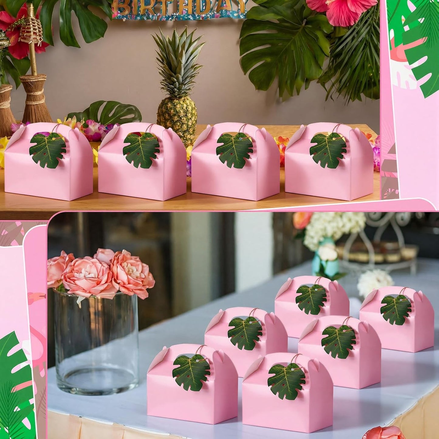 Honoson 24 Pack Pink Gable Gift Boxes with Palm Leaves, Pink Safari Jungle Bag Tropical Hawaii Theme Party Favor Boxes for Flamingo Birthday, Baby Shower, Wedding & Bridesmaid Party