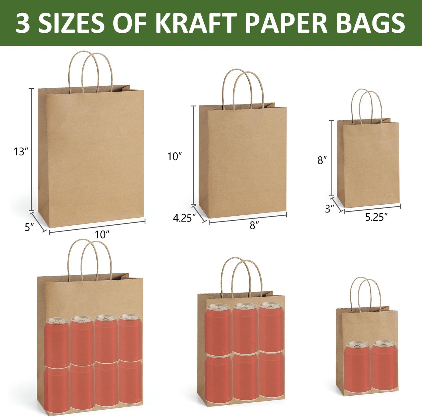 BagDream 100 Pack Brown Gift Bags with Handles 3 Assorted Sizes Kraft Paper Gift Bags Bulk, Wedding Birthday Party Favors, Retail Merchandise Grocery Small Business Shopping Paper Sacks