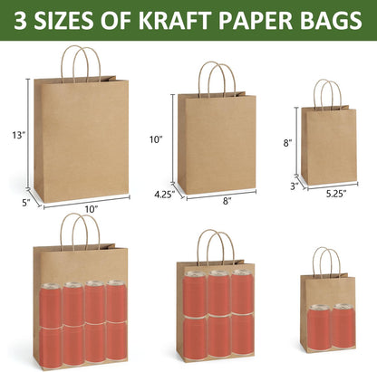 BagDream 100 Pack Brown Gift Bags with Handles 3 Assorted Sizes Kraft Paper Gift Bags Bulk, Wedding Birthday Party Favors, Retail Merchandise Grocery Small Business Shopping Paper Sacks