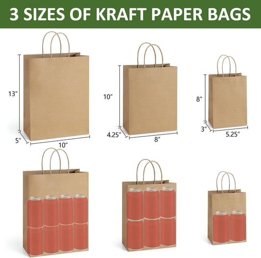 BagDream 100 Pack Brown Gift Bags with Handles 3 Assorted Sizes Kraft Paper Gift Bags Bulk, Wedding Birthday Party Favors, Retail Merchandise Grocery Small Business Shopping Paper Sacks