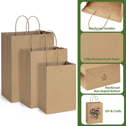 BagDream 100 Pack Brown Gift Bags with Handles 3 Assorted Sizes Kraft Paper Gift Bags Bulk, Wedding Birthday Party Favors, Retail Merchandise Grocery Small Business Shopping Paper Sacks