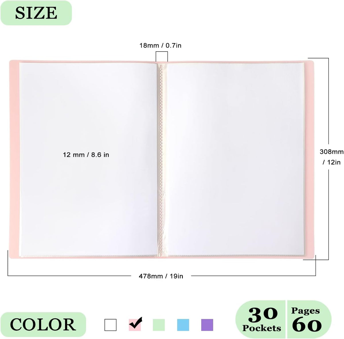 Binder with Plastic Sleeves for A4 Size, 30 Pocket, 1 Pack, Pink