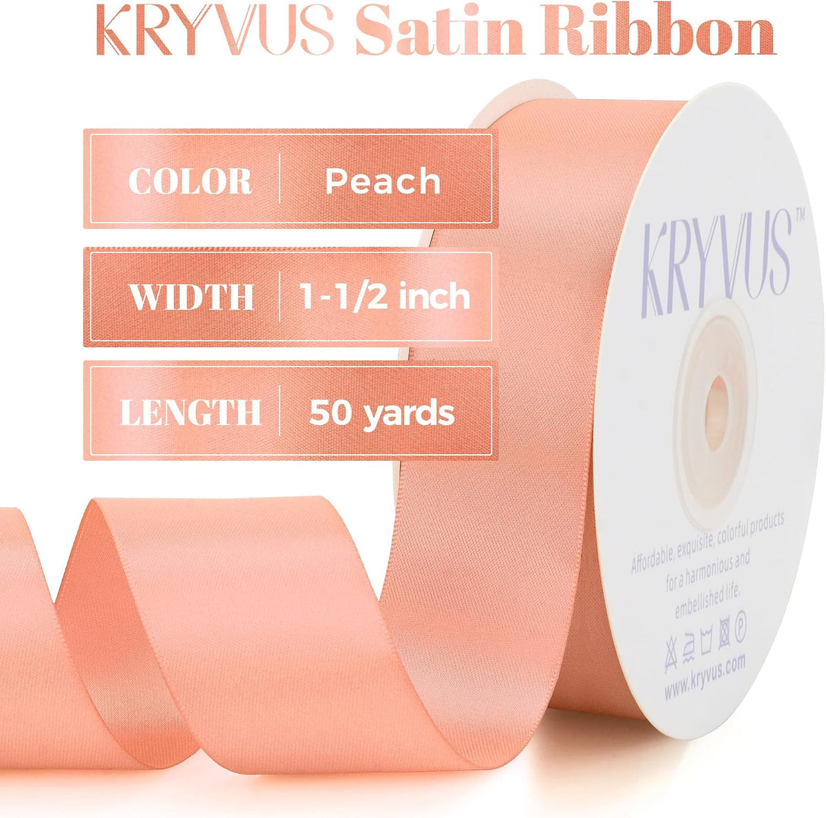 Peach Satin Ribbon, Double Faced 1-1/2 Inch X 50 Yards Peach Ribbon, Premium Satin Ribbons for Gift Wrapping, Crafts, Hair Bow Making, Sewing, Flower Bouquet, Wedding Party Decor