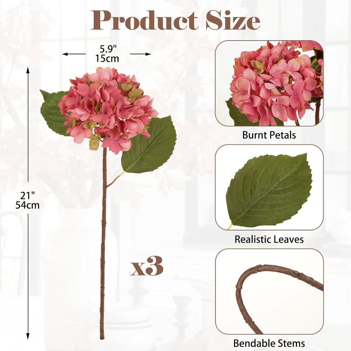 3Pcs Pink Hydrangea Artificial Flowers Faux Dried Touch Hydrangeas Silk Flowers with Stems Fake Florals Flower for Home Wedding Table Centerpiece Vase Arrangements Decorations