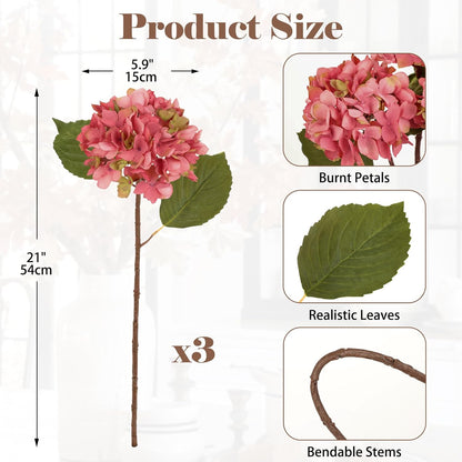 3Pcs Pink Hydrangea Artificial Flowers Faux Dried Touch Hydrangeas Silk Flowers with Stems Fake Florals Flower for Home Wedding Table Centerpiece Vase Arrangements Decorations
