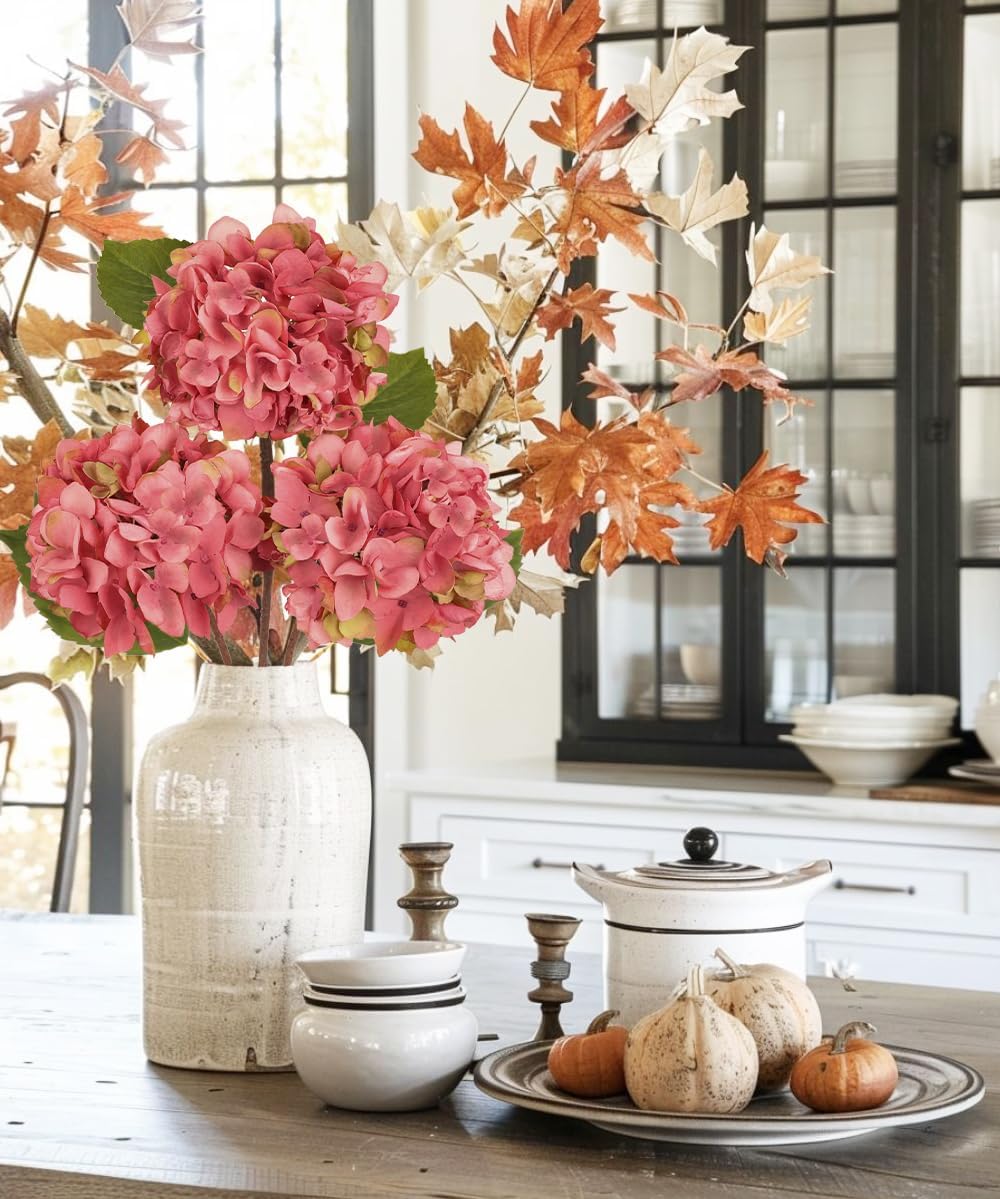 3Pcs Pink Hydrangea Artificial Flowers Faux Dried Touch Hydrangeas Silk Flowers with Stems Fake Florals Flower for Home Wedding Table Centerpiece Vase Arrangements Decorations
