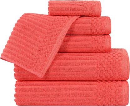 6 Piece Cotton Towel Set, Includes 2 Bath Towels, 2 Hand Towels, 2 Face Towel/Washcloths, Daily Use for Bathroom, Guest Bath, Ribbed, Absorbent, Home Essentials, Soho Collection, Coral