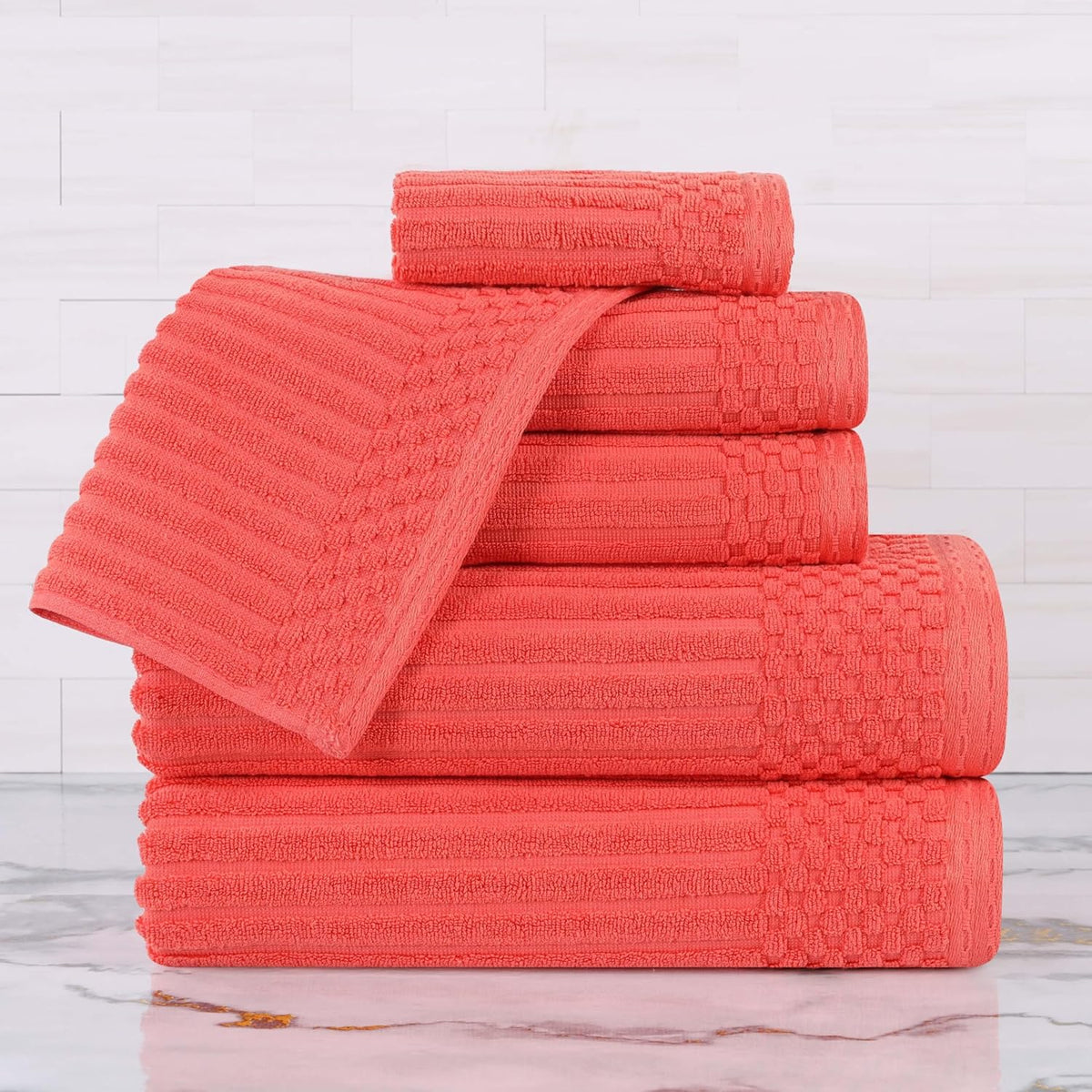 6 Piece Cotton Towel Set, Includes 2 Bath Towels, 2 Hand Towels, 2 Face Towel/Washcloths, Daily Use for Bathroom, Guest Bath, Ribbed, Absorbent, Home Essentials, Soho Collection, Coral