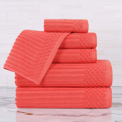 6 Piece Cotton Towel Set, Includes 2 Bath Towels, 2 Hand Towels, 2 Face Towel/Washcloths, Daily Use for Bathroom, Guest Bath, Ribbed, Absorbent, Home Essentials, Soho Collection, Coral